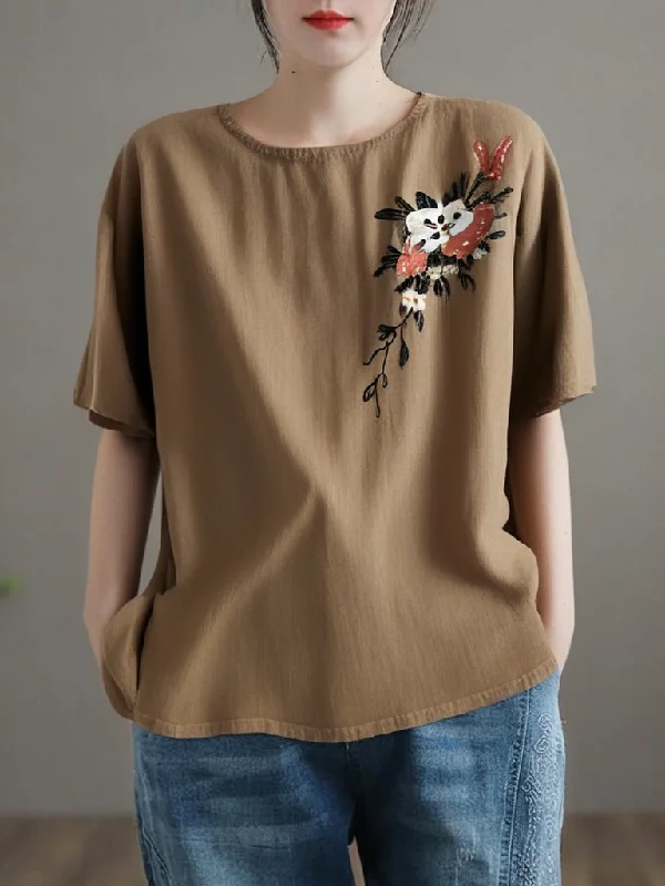 Early Access Grace Khaki O Neck Embroidered Linen T Shirts Summer QR018