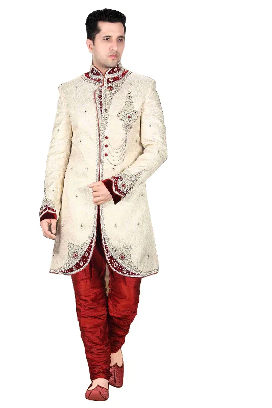 Savings Galore Elegant Butter Cream Brocade Silk Indian Wedding Sherwani For Men