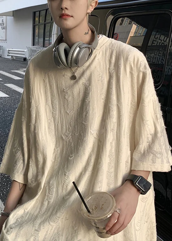 Final Markdown Original Design Beige O-Neck Ripped Cotton Men T Shirt Summer WA011