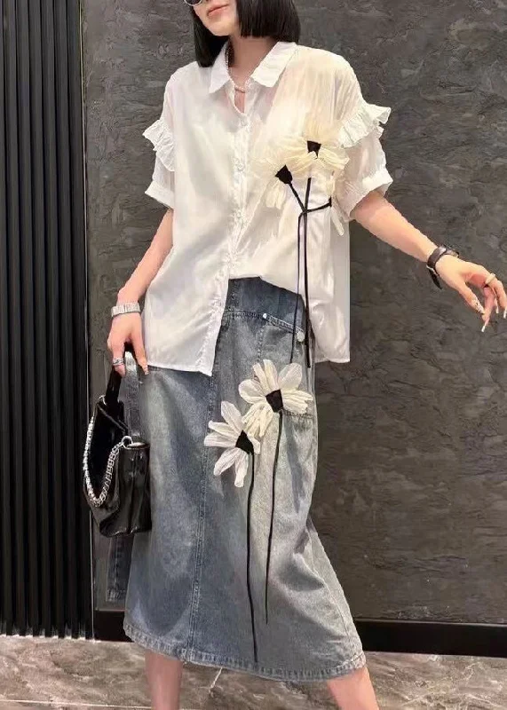 Online Only Modern White Peter Pan Collar Floral Shirts And Denim Skirts Two Pieces Set Short Sleeve AN1005 Online Only Modern White Peter Pan Collar Floral Shirts And Denim Skirts Two Pieces Set Short Sleeve AN1005