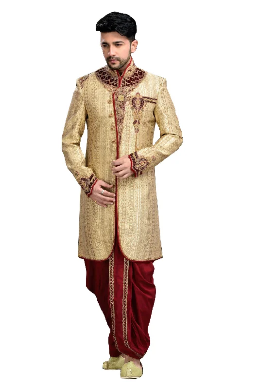Extra Discounts Modern Dark Cream Brocade Jamawar Silk Indian Wedding Sherwani For Men