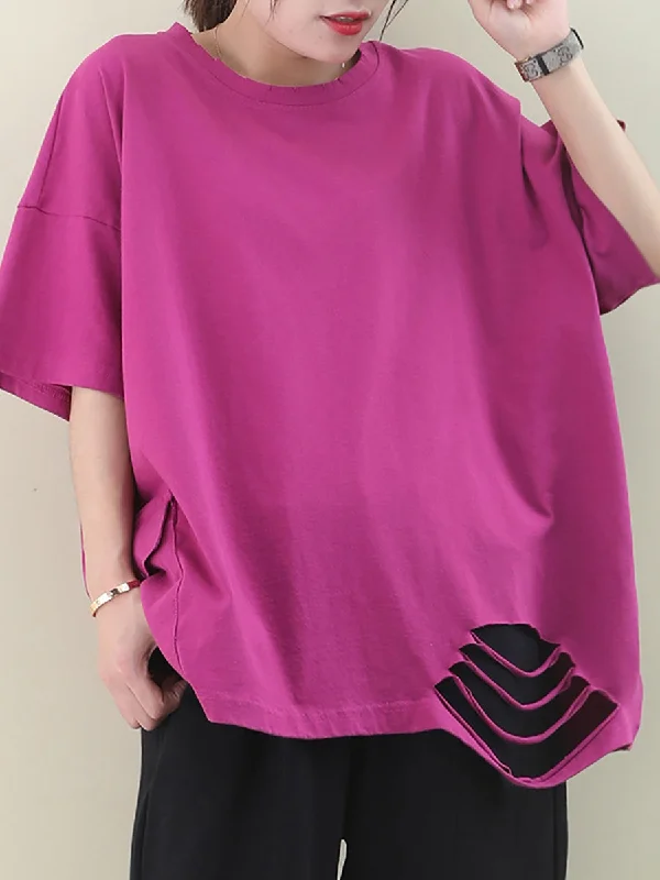 Bonus Savings Plus Size  Loose Pure Color Hole Hem Summer T-shirt AA1021