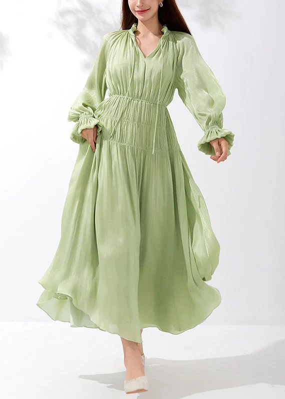 Clearance Event Art Green V Neck Wrinkled Lace Up Silk Maxi Dresses Butterfly Sleeve AM1026