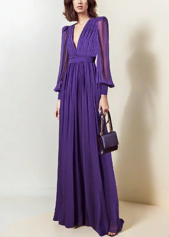 Daily Deals Italian Purple V Neck Wrinkled Chiffon Maxi Dresses Fall QR042
