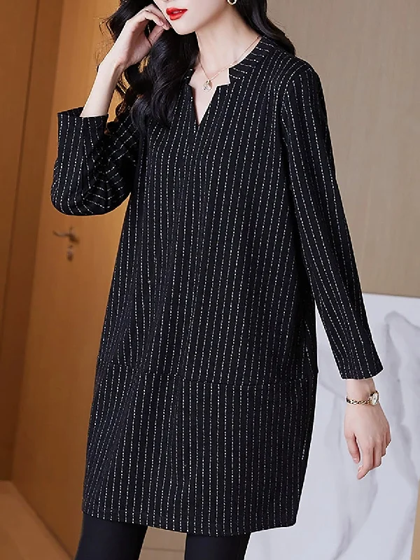 Final Clearance Women Autumn Casual Stripe V-Neck Mini Dress QM032
