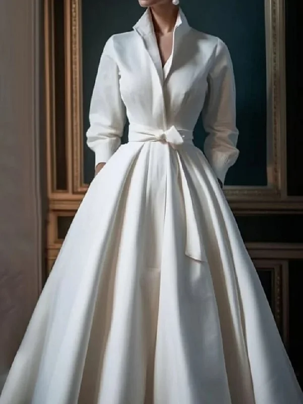 Midnight Madness Plus Size Simple Solid Color Stand Collar Midi Shirt Dress QB033