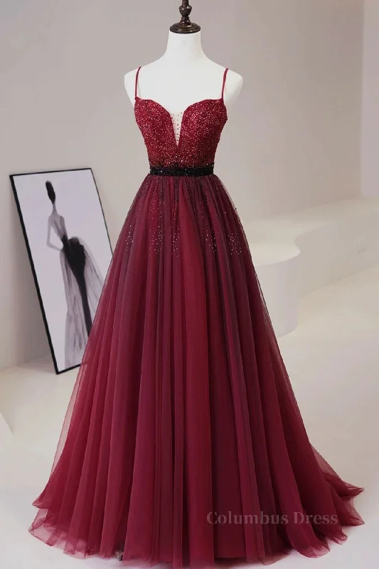 Huge Discounts A Line V Neck Beaded Burgundy Tulle Long Corset Prom Dress, Beaded Burgundy Corset Formal Graduation Evening Dress outfit