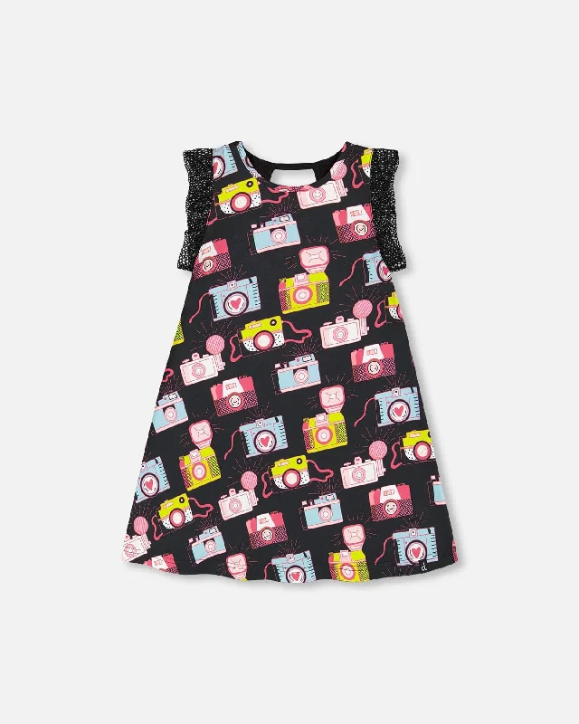 Markdowns Printed Dress With Mesh Sleeves Black