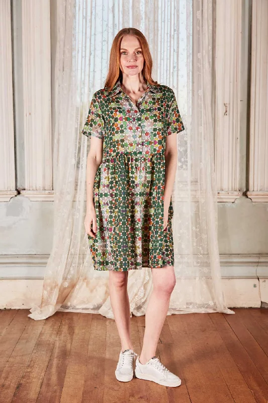 Year-End Clearance Kaleidoscope Villa Dress Green in Cotton Voile