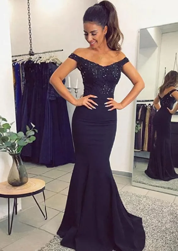 Deep Discounts Elastic Satin Corset Prom Dress Trumpet/Mermaid Off-The-Shoulder Sweep Train With Lace Outfits