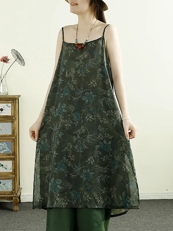 Final Clearance Women Summer Vintage Flower Ramie Vest Dress BN1035