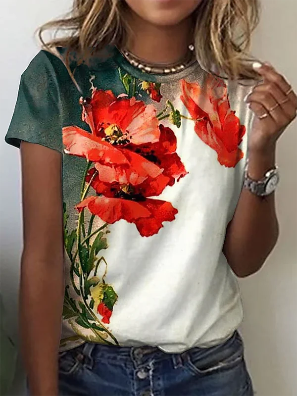 Fantastic Offers Floral Crew Neck Casual Short Sleeve T-Shirt  QH96