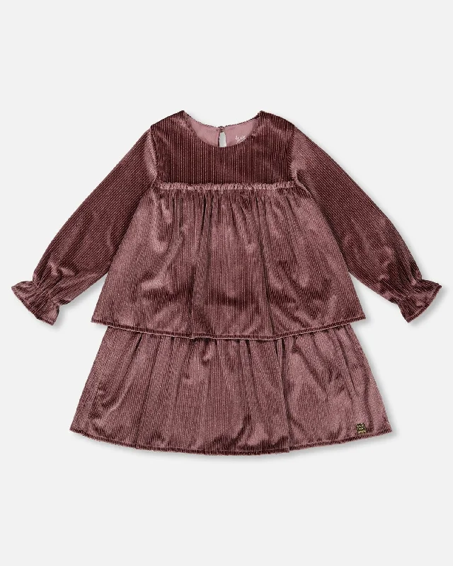 Buy More, Save More Long Sleeve Metallic Dress With Frills Burgundy