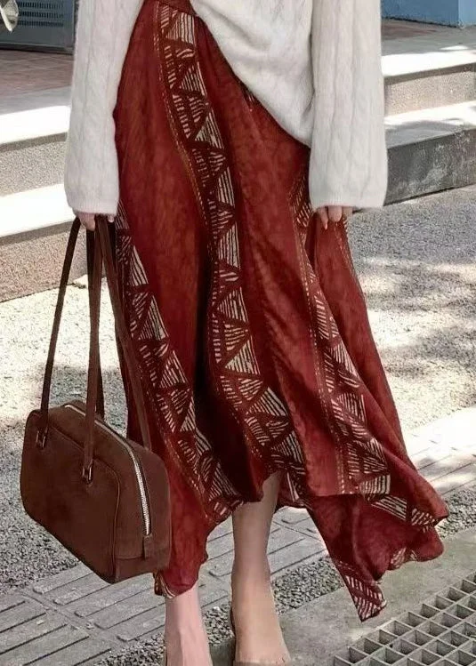 New Deals Bohemian Red Asymmetrical Print Cotton Skirts Fall WP036