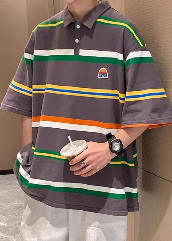 Super Deal Casual Dark Grey Striped Cotton Men Polo T Shirt Summer QH013