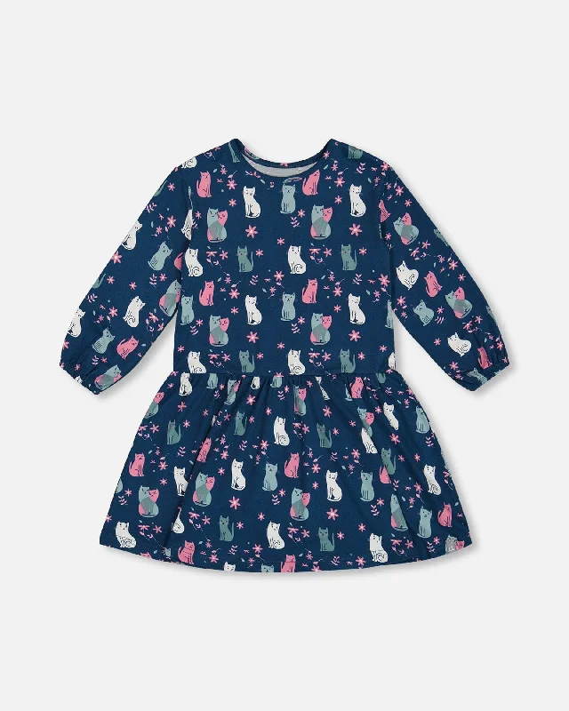 Today’s Deal Printed Long Sleeve Dress Navy Blue With Kitten