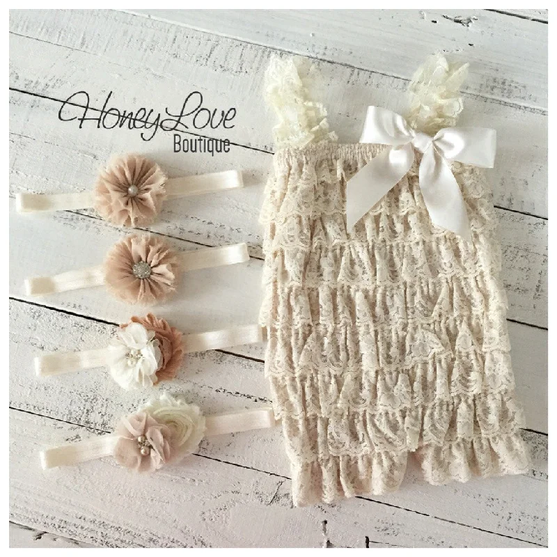 Grand Opening Sale Lace Petti Romper - Champagne and matching flower headband