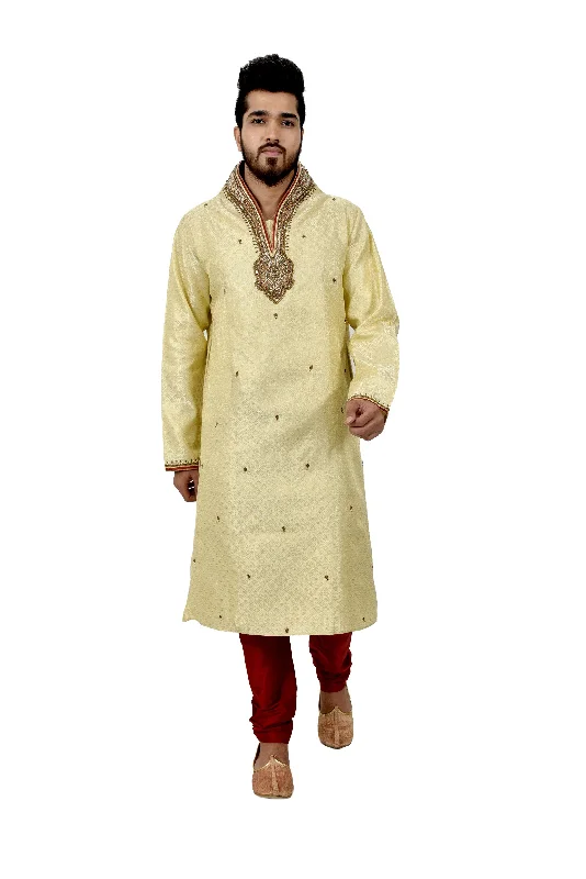 Mega Sale Indian Traditional Brocade Silk Lemonchiffon Kurta Pajama for Men