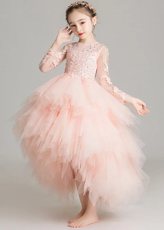 Low Prices Cute Pink O-Neck Low High Design Tulle Girls Maxi Dress Sleeveless RP032