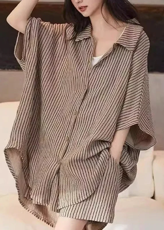 Buy More, Save More Casual Khaki Peter Pan Collar Striped Shirt And Shorts Two Piece Set Summer QB029 Buy More, Save More Casual Khaki Peter Pan Collar Striped Shirt And Shorts Two Piece Set Summer QB029