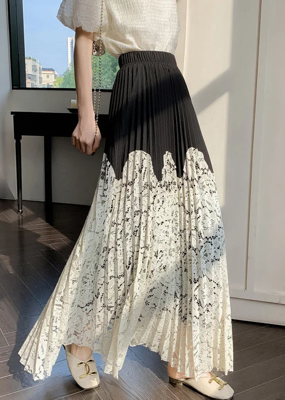 Can't Miss Art Apricot Wrinkled Elastic Waist Lace Patchwork Skirt Summer QT068