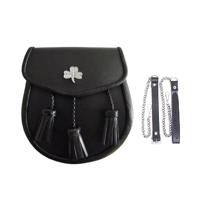 Loyalty Reward Irish Shamrock Leather Kilt Sporran With 3 Tassels And Chain Belt