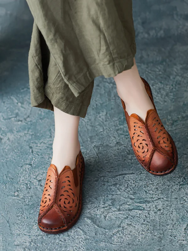 Lowest Price Women Summer Genuine Leather Cutout Spliced Falt Shoes LL003