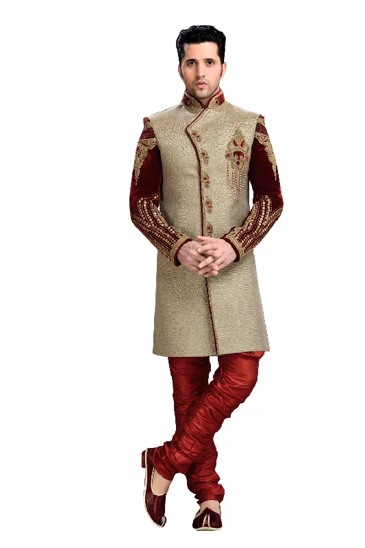 Can't Miss Traditional Tan Brown Jute Silk And Velvet Indian Wedding Sherwani For Men