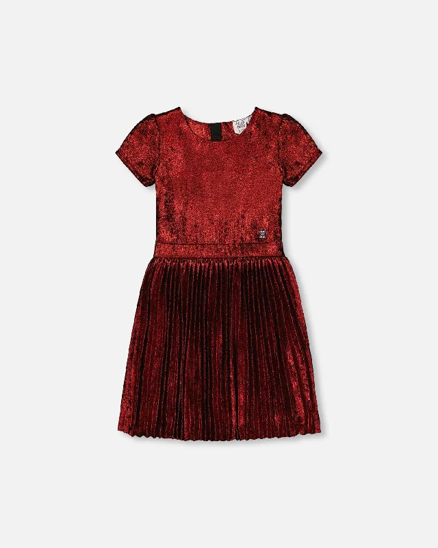 Special Discount Short Sleeve Dress With Pleated Skirt Metallic Red