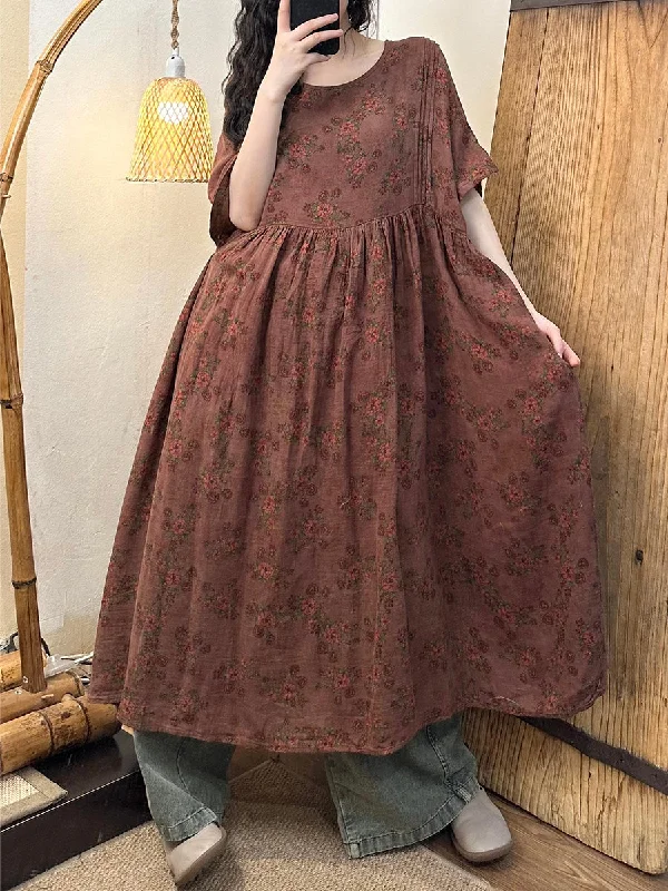 Limited Time Discount Plus Size Women Vnitage Floral Shirred Cotton Loose Dress WE1027