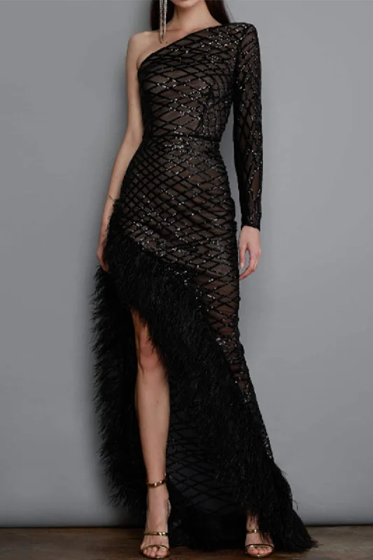 Lowest Price Sexy Party Solid See-through Feathers Oblique Collar Irregular Dress Dresses RH8521
