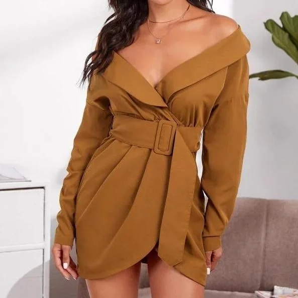 Special Discount Belted Foldover Off-the-Shoulder Wrap Dress
