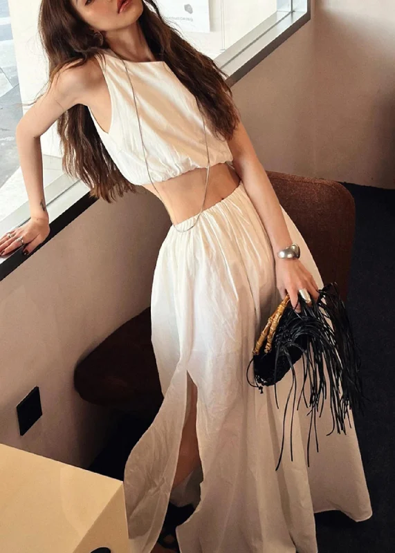 Take Advantage Brief White O-Neck Vest And Side Open Maxi Skirts Two Piece Set Summer AN1010