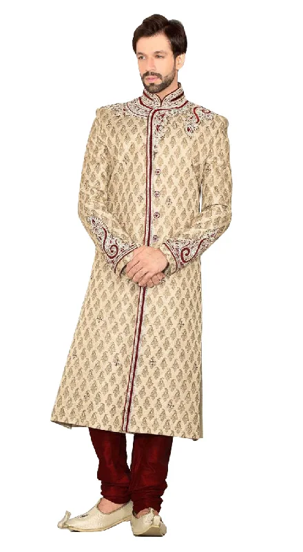 Final Markdown Classic Beige And Cream Jacquard Silk Indian Wedding Sherwani For Men