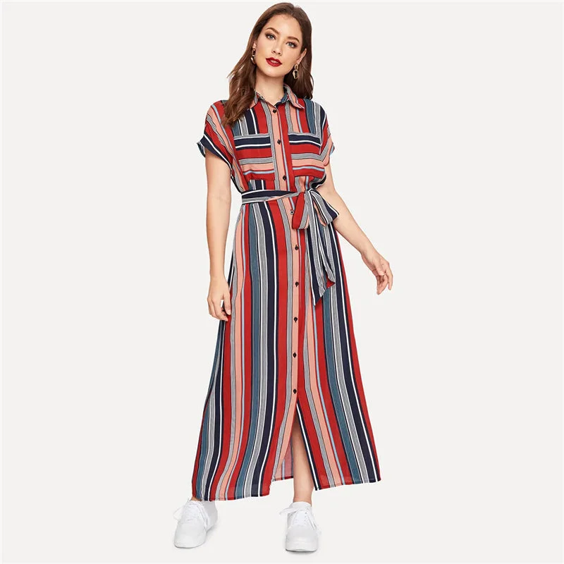 Savings Spectacular Women's Summer Short-Sleeved Striped Belted Long Dress