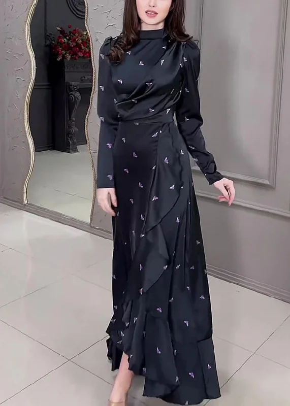 Savings Galore 2024 New Black Ruffled Print Silk Long Dress Fall WO042