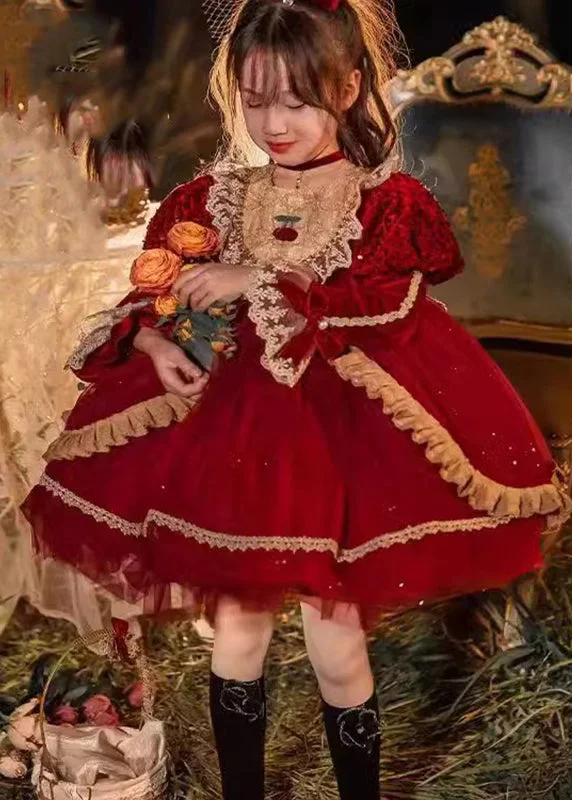 Big Discounts Lovely Red O-Neck Tulle Lace Patchwork Girls Mid Dresses Winter RP041