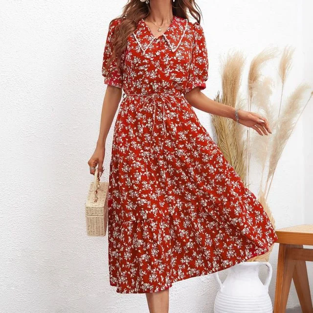 Best Seller Puff-Sleeve Collar Floral Midi A-Line Dress FR109