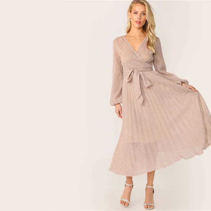 Weekend Deal Women's Spring V-Neck Glitter Belted A-Line Dress