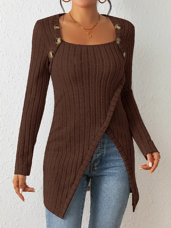 New Deals Ribbed Button Decor Asymmetrical Hem T-Shirt RD0210