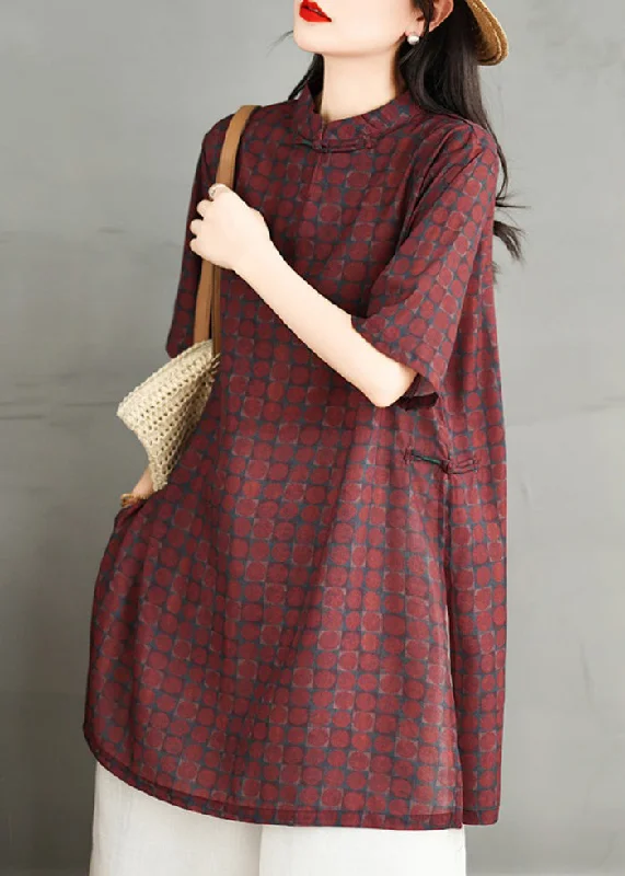 Special Offer Vintage Red Stand Collar Print Side Open Cotton Dress Summer RU020
