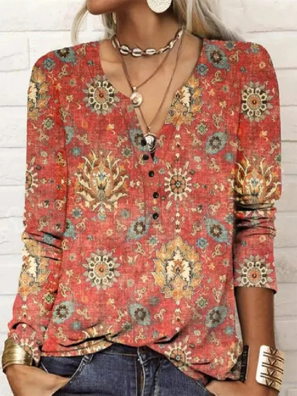 Instant Discount Women's Boho V Neck Ethnic Floral T-Shirt AT10036
