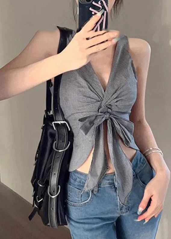 Midnight Madness Sexy Grey V Neck Tie Waist Vest Summer AN1028