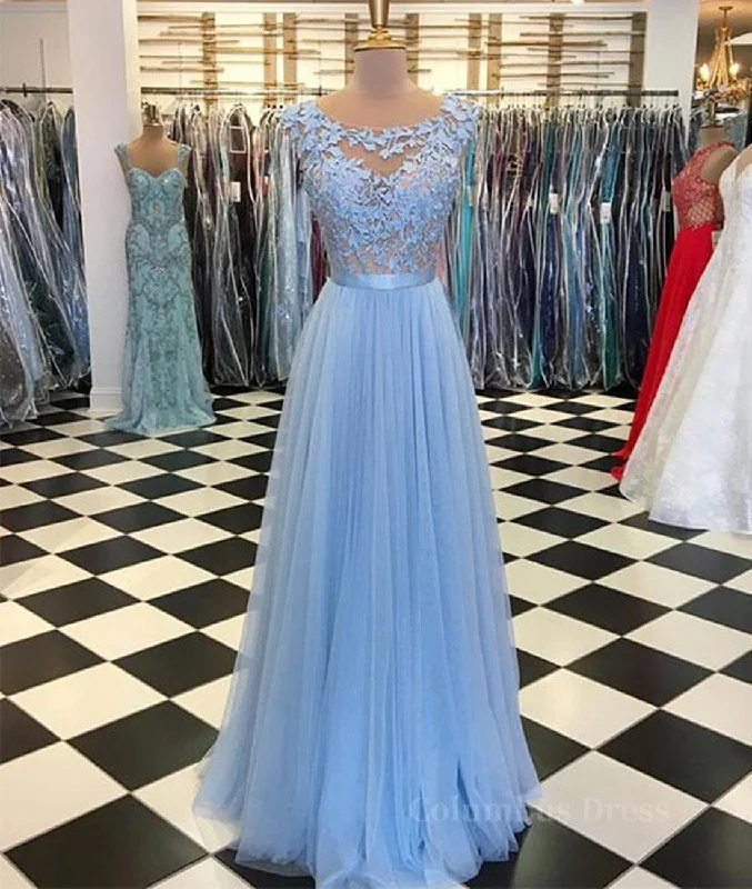 Bargain Prices A Line Round Neck Blue Lace Appliques Tulle Long Corset Prom Dresses, Blue Lace Graduation Dresses, Blue Evening Corset Formal Dresses outfit Bargain Prices A Line Round Neck Blue Lace Appliques Tulle Long Corset Prom Dresses, Blue Lace Graduation Dresses, Blue Evening Corset Formal Dresses outfit