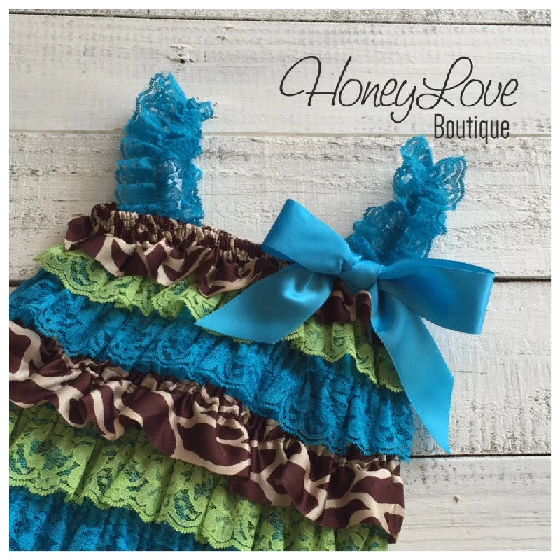 Act Now Satin & Lace Petti Romper - Giraffe Print Satin, Lime and Blue Lace