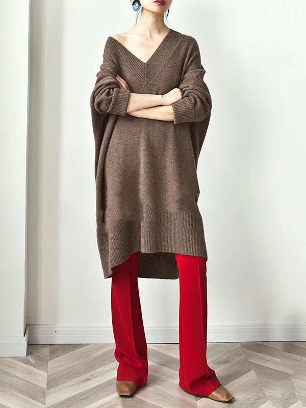 Massive Deals Stylish Loose Camel V-Neck Long Sleeve Sweater Dress QX006