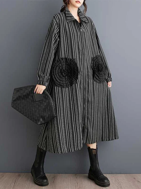 Final Markdown Design Black Lapel Flower Pockets Striped Long Sleeves Zip-up Dress WS010 Final Markdown Design Black Lapel Flower Pockets Striped Long Sleeves Zip-up Dress WS010