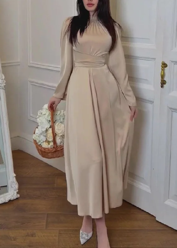 Daily Deals Elegant Apricot Stand Collar Lace Up Silk Dress Fall WO058