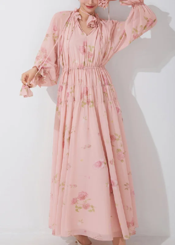 Special Buy Beautiful Pink Ruffled Print Lace Up Chiffon Dress Fall QR038