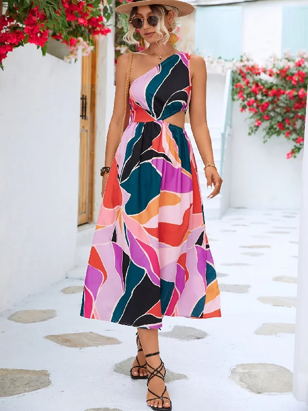 Seasonal Sale Colorful Print One Shoulder Dress, Waist Cut Out Sleeveless Dress For Summer & Spring, Women's C AE1013